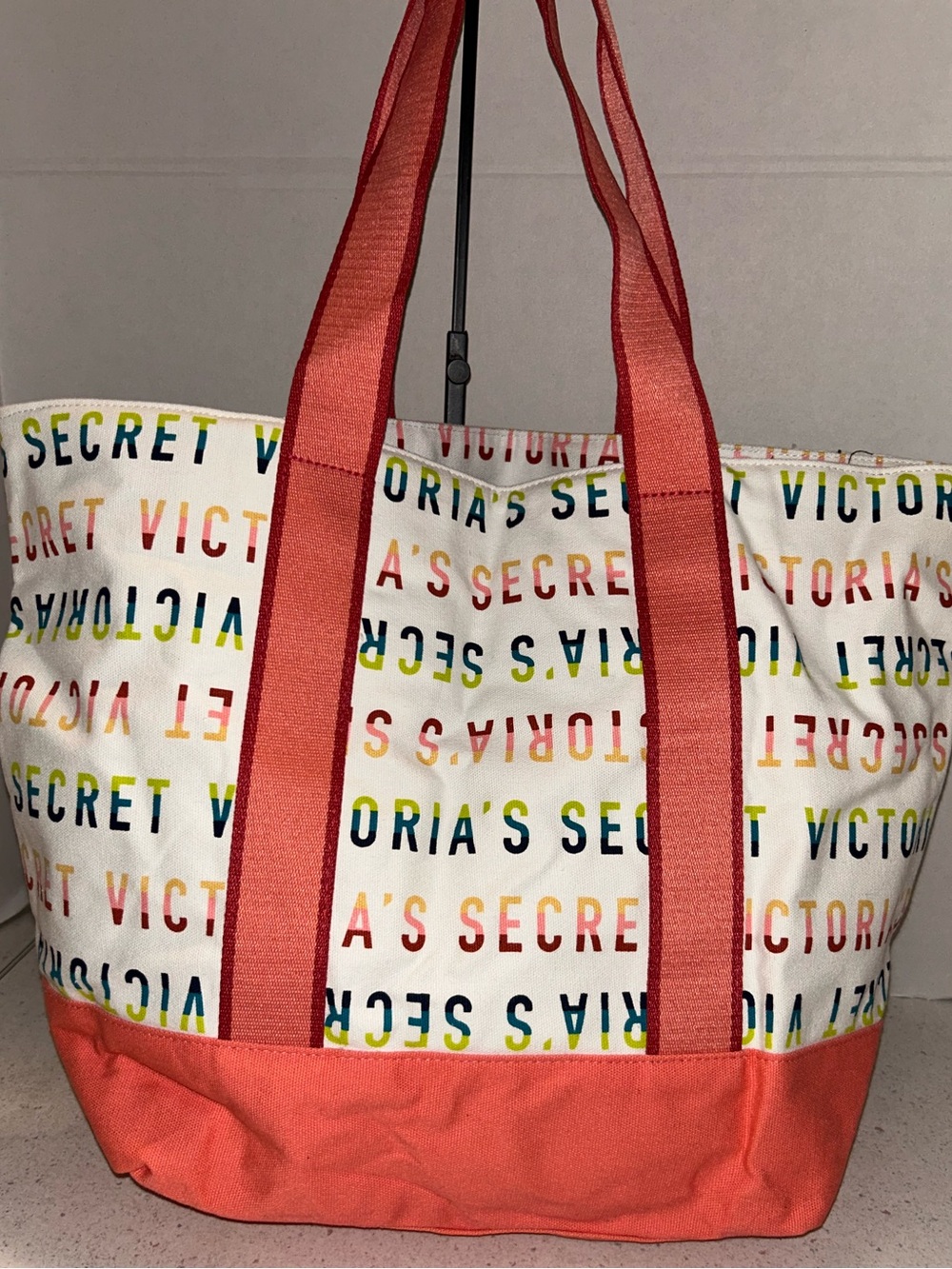 Victoria's Secret Coral and Multicolor Logo Canvas Tote